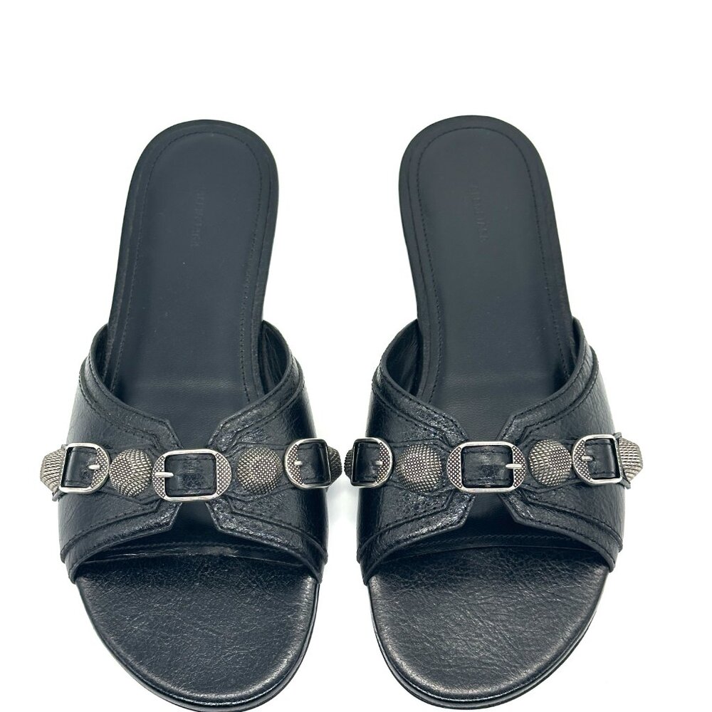 BALENCIAGA Cagole Studded Buckled Arena Leather Flat Slides Mules Sandals - Picture 9 of 16